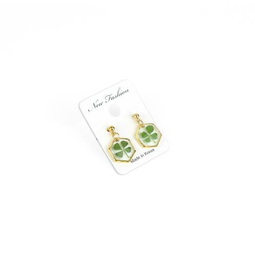 Resin Craft Earring with Four Leaf Clover Dangle Real Lucky Clover Ear Rings - Hexagon Type